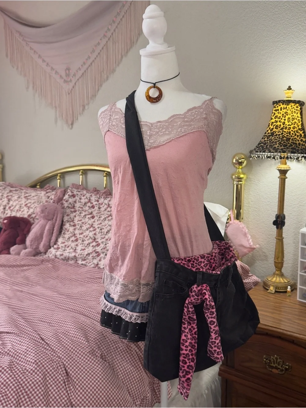 Black Canvas Crossbody Bag with Pink Leopard Accent - Women's Crossbody